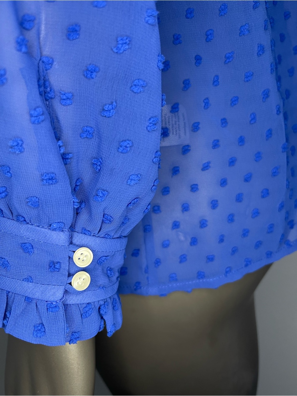 J. Crew Blouse 12 Blue Sheer Swiss Dot Ruffle High-Neck Keyhole Long Sleeve - Picture 6 of 10